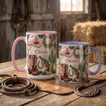 Personalized Pink Cowboy Hat 11 oz 15 oz Ceramic Mug with Name and Coaster Christmas Birthday Gift for Cowgirl Horse Rider