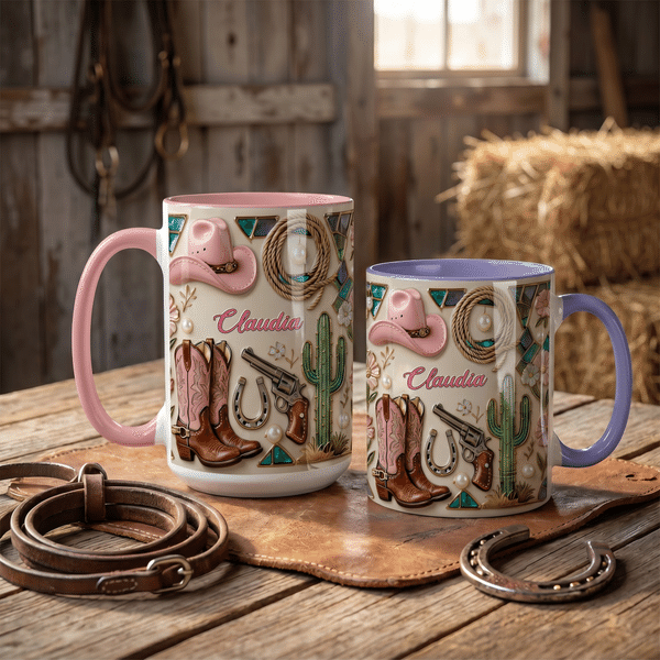 Personalized Pink Cowboy Hat 11 oz 15 oz Ceramic Mug with Name and Coaster Christmas Birthday Gift for Cowgirl Horse Rider