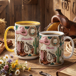 Personalized Pink Cowboy Hat 11 oz 15 oz Ceramic Mug with Name and Coaster Christmas Birthday Gift for Cowgirl Horse Rider
