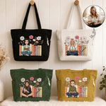 Personalised Floral Book Cartoon Character Photo Large Capacity Corduroy Tote Bag with Name Anniversary Birthday Gift for Woman Book Lover
