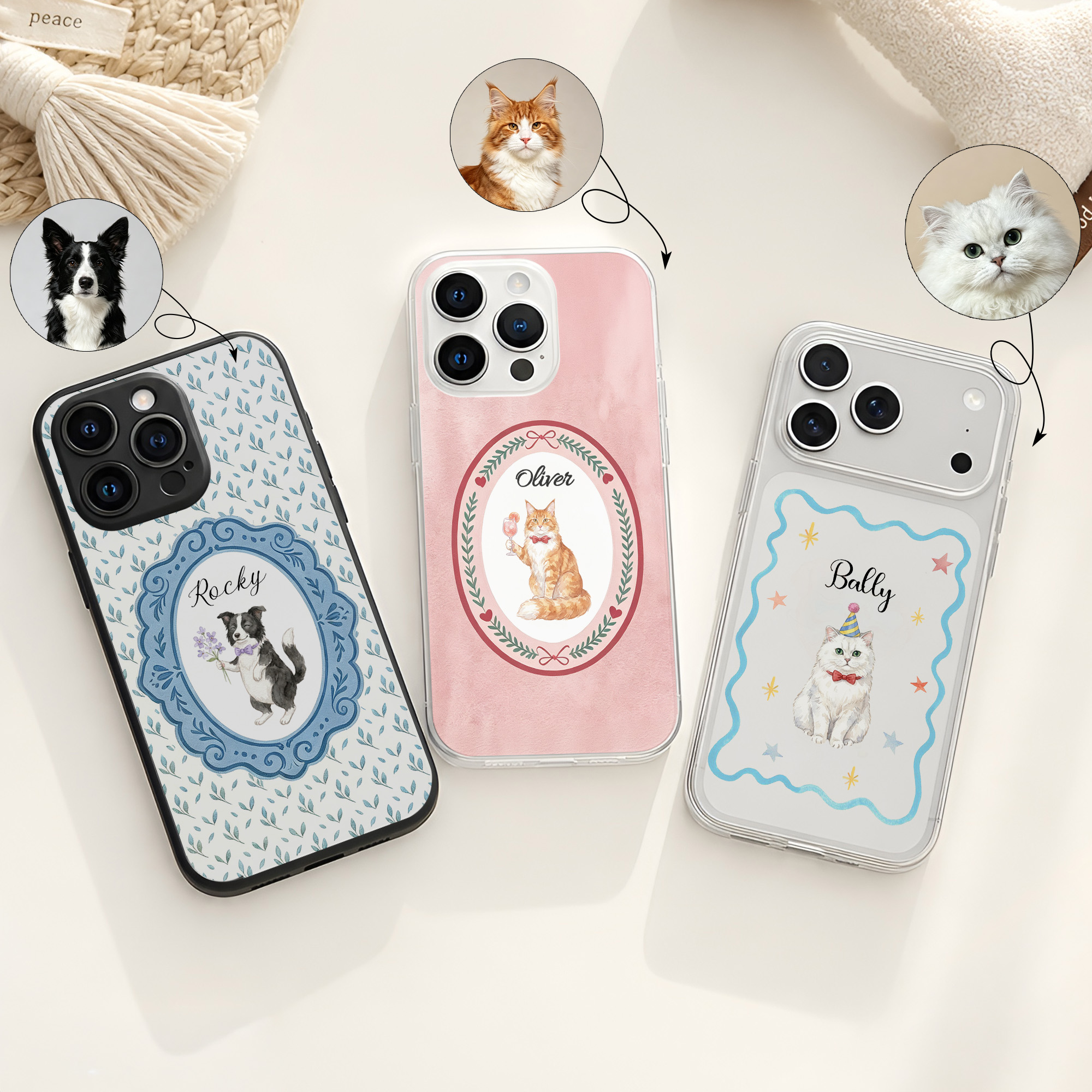 Individuell gestaltete Handyhülle für das iPhone mit Tierporträt und Blumenrand – mit Namen – als Geschenk zum Jahrestag oder Geburtstag für Tierliebhaber