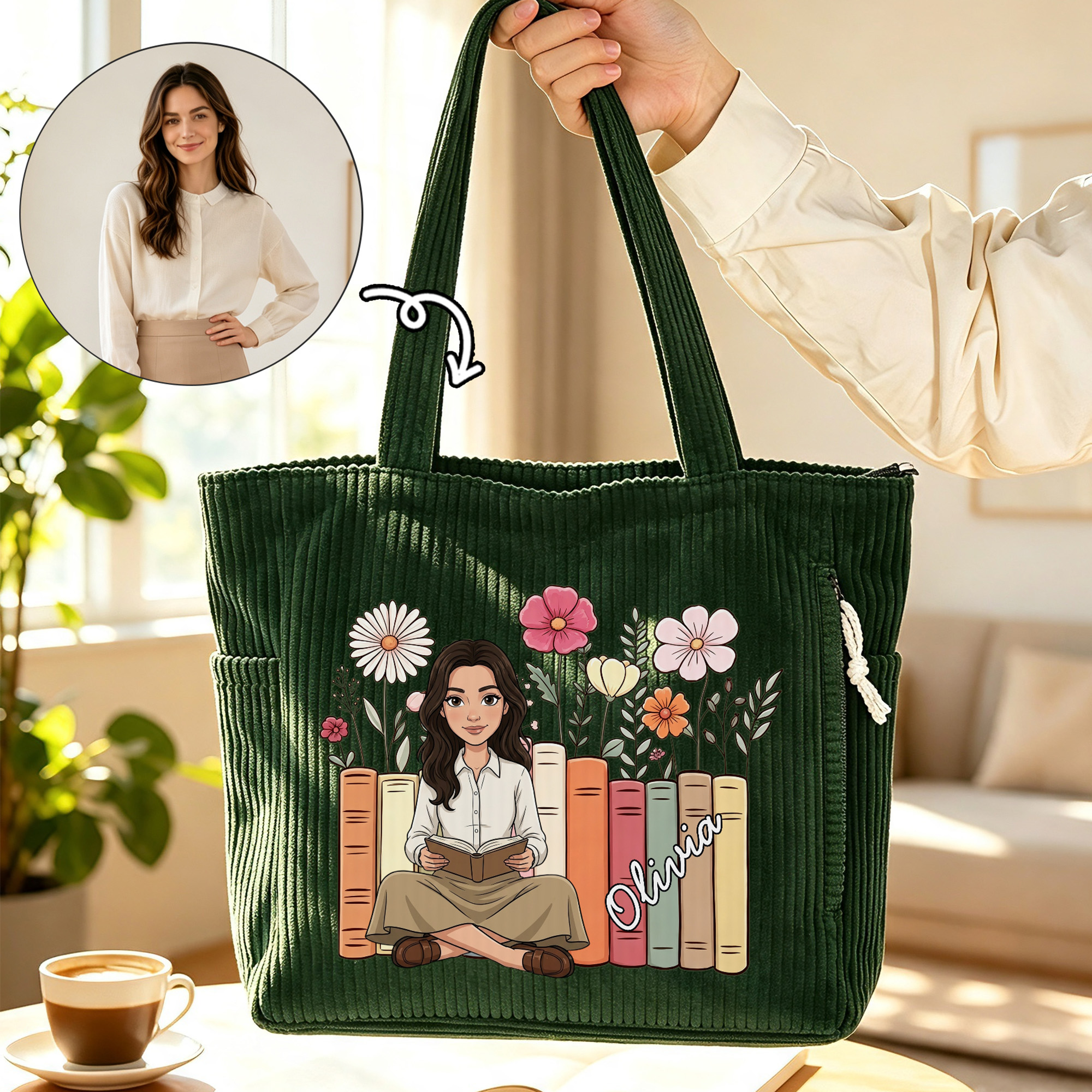 Personalisierte Stofftasche aus Cord mit großem Fassungsvermögen, verziert mit Blumen, Buchmotiv und Comicfiguren – mit Namen – als Geschenk zum Jubiläum oder Geburtstag für Frauen, die Bücher lieben