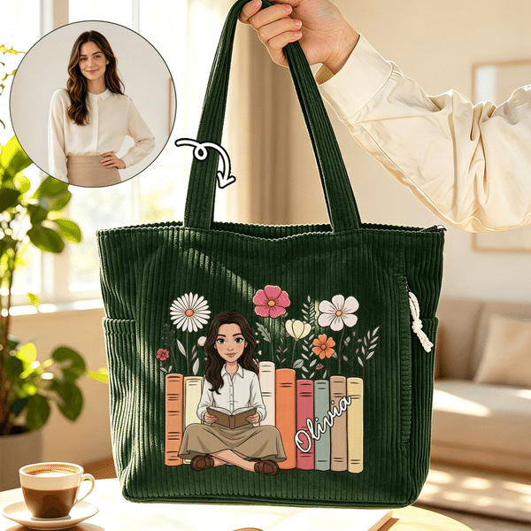 Personalised Floral Book Cartoon Character Photo Large Capacity Corduroy Tote Bag with Name Anniversary Birthday Gift for Woman Book Lover