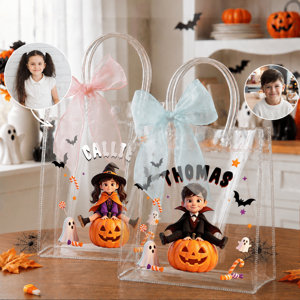 Personalized Pumpkin Ghost 3D-Effect Artwork Photo Large Capacity Transparent Tote Bag with Bow and Name Halloween Gift for Kids