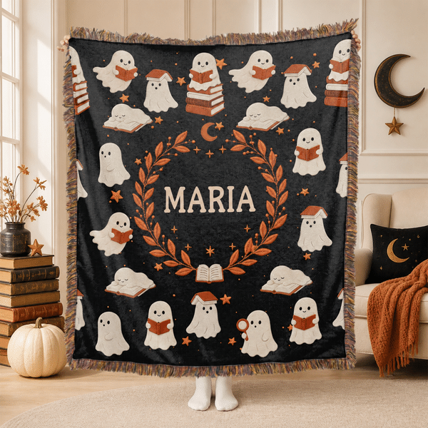 Personalised Faux 3D Embroidered Print Reading Ghosts Soft Tassel Throw Blanket with Name Home Decor Halloween Birthday Gift for Bookworm Book Lovers