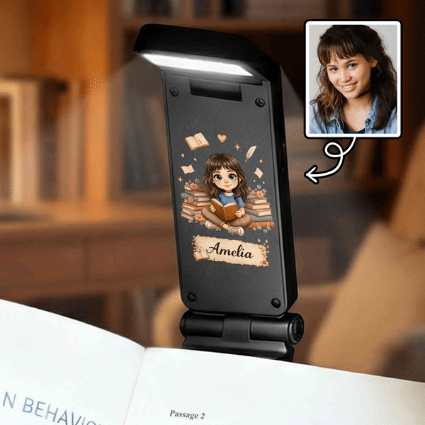 Personalised Vintage Cartoon Character 3 Colour LED Book Light Clip with Name Reading Study Space Use Birthday Gift for Book Lover Student