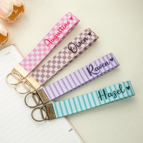 Personalized Multicolor Stripe Checkerboard Wristlet Keychain with Name Daily Use Birthday Gift for Girls Women