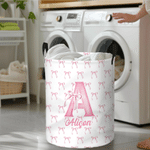 Personalized Large Waterproof Pink Coquette Bow Initial Name Laundry Basket with Handle Home Nursery Decor Birthday Gift for Baby Girls