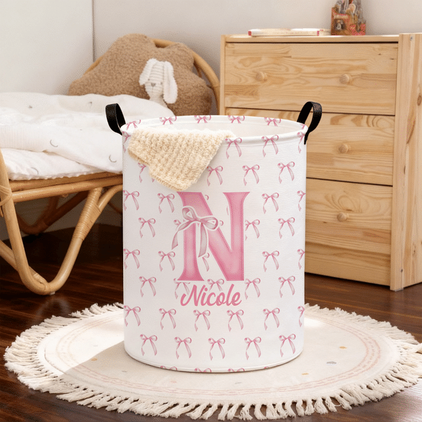 Personalized Large Waterproof Pink Coquette Bow Initial Name Laundry Basket with Handle Home Nursery Decor Birthday Gift for Baby Girls