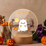 Personalized Halloween Cute Cartoon Bear Acrylic LED Night Light with Name and Wooden Base Room Decor Halloween Gift for Kids Boys Girls