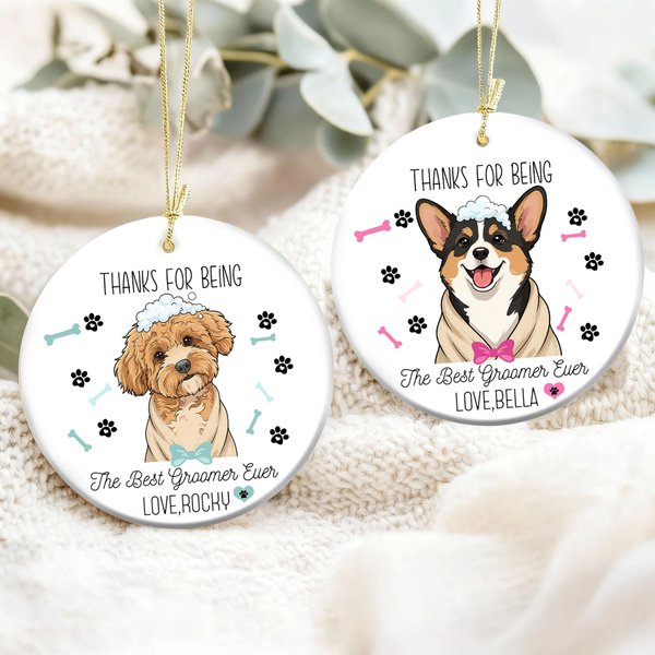 Personalized Dog Bone Paw Cartoon Pet Photo Round Ceramic Ornament with Name Birthday Home Decor Gift for Pet Groomer