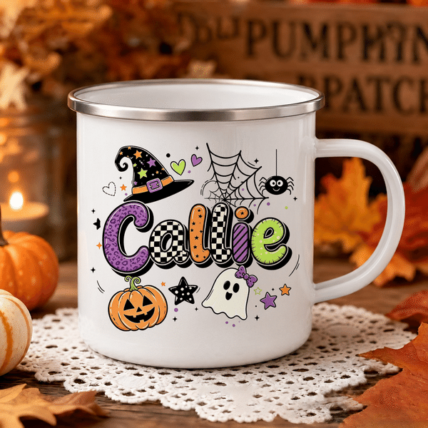 Personalized Cartoon Pumpkin Ghost Initial 12 oz Coloured Rim Enamel Mug with Name Halloween Party Gift for Boys Girls
