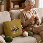 Personalized Yarn Knitting Cartoon Character Zippered Corduroy  Tote Bag with Name Daily Use Birthday Gift for Knitting Lovers Women