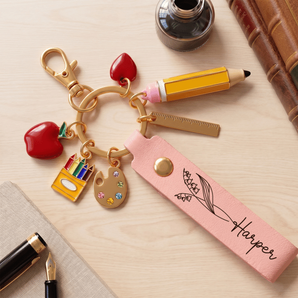 Personalized Birth Flower PU Leather Keychain with Name and Teach Theme Pendant Teacher's Day Back to School Gift for Teacher