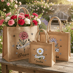 Borsa in juta personalizzata con fiore del mese di nascita, capiente, con nome: regalo per anniversario, damigella d’onore, proposta di matrimonio, compleanno per la mamma e damigella d’onore