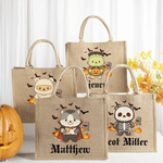 Personalized Halloween Cute Cartoon Bear Jute Bag with Name Halloween Party Gift for Kids Boys Girls