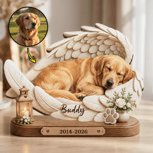 Plaque en bois personnalisée avec photo et texte - Ailes d'ange empreintes et fleurs - Cadeau d'hommage pour amoureux des animaux