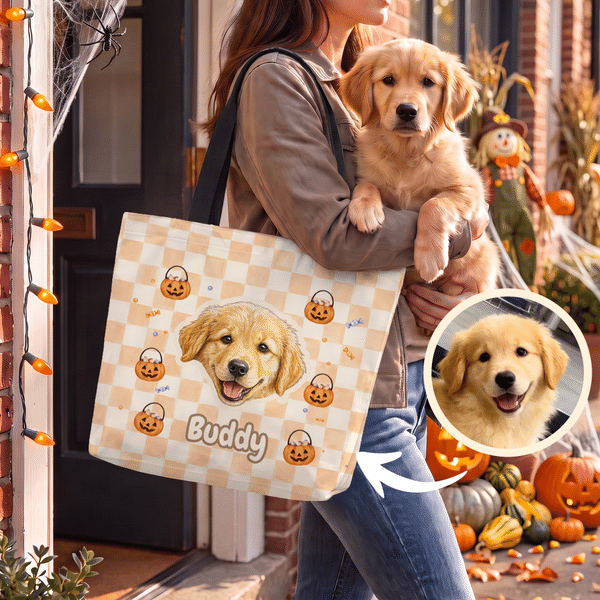 Gepersonaliseerde, veelkleurige draagtas met Halloween-thema en aquarelafbeelding van huisdier, voorzien van naam – geschikt voor dagelijks gebruik, ideaal als cadeau voor een Halloween-huisdierenfees