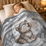 Personalized Wolf Pup Soft Throw Blanket with Name Home Decor Baby Shower Birthday Gift for Newborn Parent
