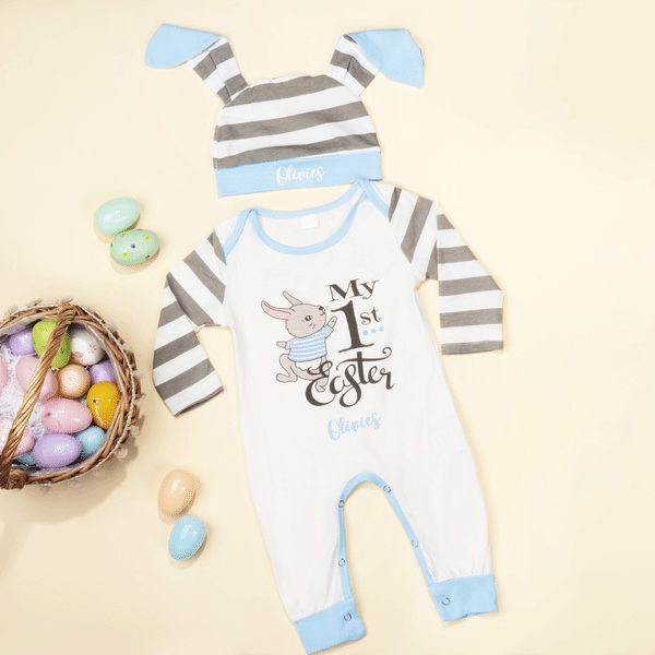 Personalised 100% Cotton My First Easter Baby Romper Bunny Ear Hat Set with Name Easter Birthday Gift for Baby Boys