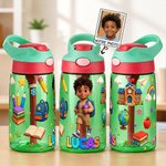 Bouteille pour enfants 475 ml personnalisée avec photo de visage et nom - Style de photo transformée en dessin animé - Cadeau de rentrée scolaire