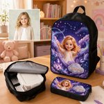 Personalized Angel Rainbow Backpack Lunch Bag Pencil Case Set of 3 with Photo and Name Back to School Gift for Girls