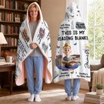 Personalised Birth Flower Cartoon Reading Girl Soft Throw Hooded Blanket with Name Birthday Gift for Librarians Book Lovers
