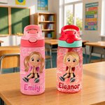 Borraccia personalizzata, con personaggio animato multicolore, nome e cannuccia in silicone - Regalo di compleanno per bambini