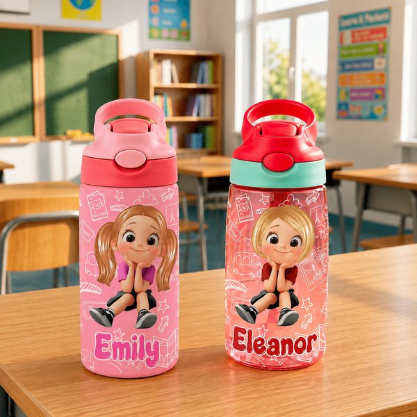 Borraccia personalizzata, con personaggio animato multicolore, nome e cannuccia in silicone - Regalo di compleanno per bambini