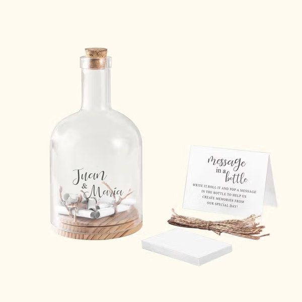 Botella de cristal personalizada con nombres de pareja mensaje en botella y tarjeta regalo de boda y decoración para novios y parejas