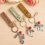 Personalized Birth Flower PU Leather Keychain with Name and Teach Theme Pendant Teacher's Day Back to School Gift for Teacher