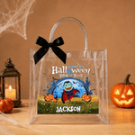 Sac cadeau transparent personnalisé sur le thème d'Halloween, orné d'un personnage de dessin animé, avec prénom et nœud noir – Cadeau d'Halloween « Trick or Treat » pour les enfants