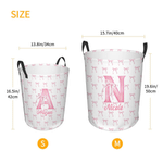 Personalized Large Waterproof Pink Coquette Bow Initial Name Laundry Basket with Handle Home Nursery Decor Birthday Gift for Baby Girls