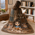 Personalised Retro Style Q-Version Character Photo Soft Tassel Throw Blanket with Name Home Decoration Birthday Reading Gift for Bookworms Book Lovers
