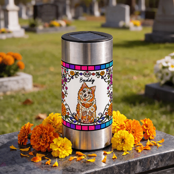 Personlig, färgglad solcellslampa för trädgården med dödskalle- och blommotiv samt foto på husdjuret, med namn – trädgårdsdekoration, present till ”De dödas dag” och Halloween för hund- och kattägare