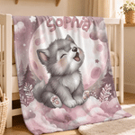 Personalized Wolf Pup Soft Throw Blanket with Name Home Decor Baby Shower Birthday Gift for Newborn Parent