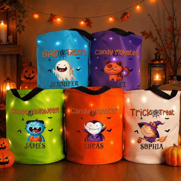 Personalised Cartoon Bat Pumpkin LED Light Bucket Bag with Name Halloween Trick or Treat Activity Gift for Kids