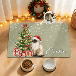 Personalized Watercolor Christmas Tree Pet Photo PU Leather Waterproof Pet Feeding Mat with Name Daily Use Christmas Gift for Pet Owner