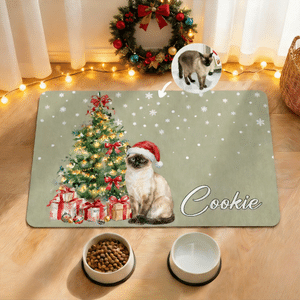 Personalized Watercolor Christmas Tree Pet Photo PU Leather Waterproof Pet Feeding Mat with Name Daily Use Christmas Gift for Pet Owner