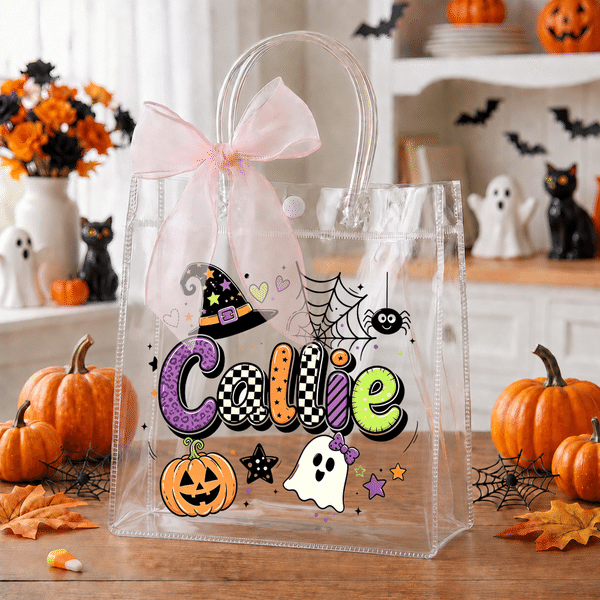 Personalized Cute Halloween Theme Transparent Tote Bag with Name and Bow Halloween Party Gift for Kids