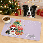 Personalized Watercolor Christmas Tree Pet Photo PU Leather Waterproof Pet Feeding Mat with Name Daily Use Christmas Gift for Pet Owner