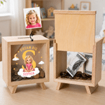 Personalized Cute Cartoon Kid Character Photo Wooden Piggy Bank Money Box with Name and Initial Daily Saving Birthday Gift for Boys Girls
