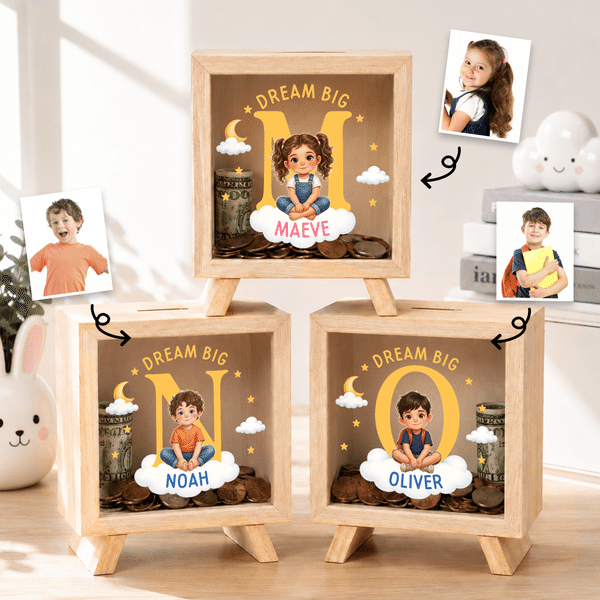 Personalized Cute Cartoon Kid Character Photo Wooden Piggy Bank Money Box with Name and Initial Daily Saving Birthday Gift for Boys Girls