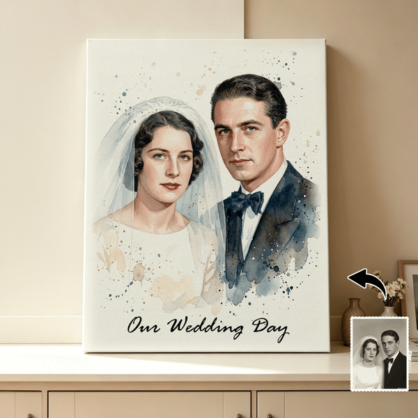Stampa su tela personalizzata, con restauro di vecchie foto in stile acquerello e testo - Regalo di anniversario per coppie e genitori