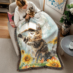 Personalized Watercolor Pet Photo Flower Tassel Soft Throw Blanket with Name Home Decor Birthday Memorial Gift for Pet Lover