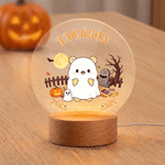 Personalized Halloween Cute Cartoon Bear Acrylic LED Night Light with Name and Wooden Base Room Decor Halloween Gift for Kids Boys Girls