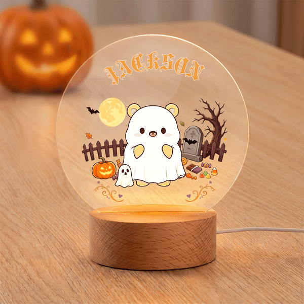 Veilleuse LED en acrylique personnalisée pour Halloween, avec un adorable ours de dessin animé, le prénom de l'enfant et un socle en bois – Décoration d'intérieur et cadeau d'Halloween pour les enfant