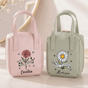 Neceser de maquillaje vintage personalizado, portátil, con el motivo de la flor del mes de nacimiento, de piel sintética de PU, con nombre; regalo de aniversario o de cumpleaños para mamá o novia