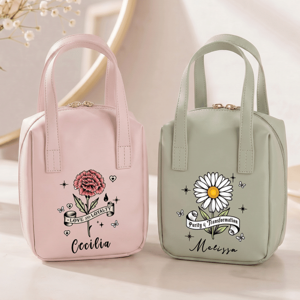 Personalized Vintage Portable Birth Flower PU Leather Makeup Bag with Name Anniversary Birthday Gift for Mom Girlfriend