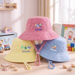 Personalized Summer Theme Gingham Toddler Baby Bucket Hat Sun Hat with Monogram and Name Beach Vacation Gift for Boys Girls
